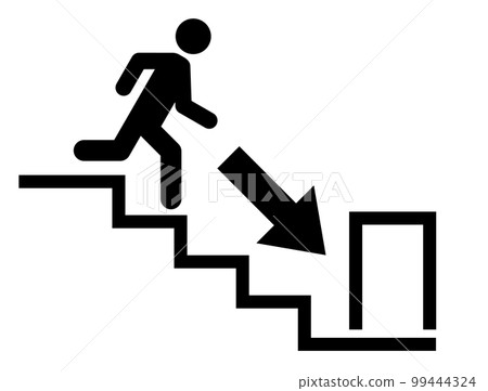 Emergency exit icon going down the stairs to the exit Emergency exit icon going down the stairs to the exit 99444324