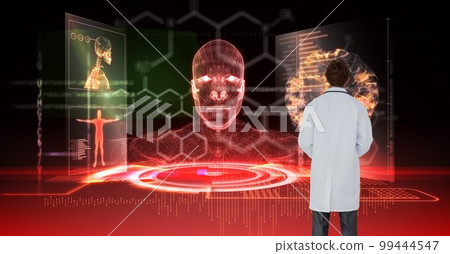 Composition of male doctor using virtual screen with medical icons 99444547