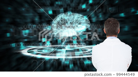 Composition of male doctor using virtual screen with brain model Composition of male doctor using virtual screen with brain model 99444549