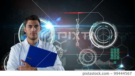 Composition on male doctor over screen with medical data processing 99444567