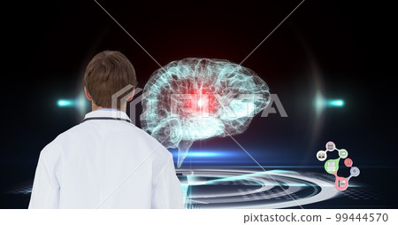 Composition on male doctor over screen with digital human brain and medical data processing Composition on male doctor over screen with digital human brain and medical data processing 99444570