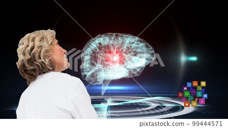 Composition on female doctor over screen with digital human brain and medical data processing 99444571