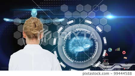 Composition on female doctor over screen with digital human brain and medical data processing Composition on female doctor over screen with digital human brain and medical data processing 99444588