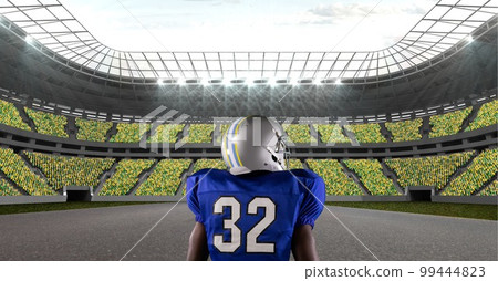 Composition of male american football player over sports stadium 99444823