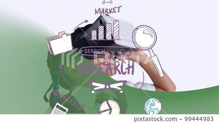 Multiple digital icons over school girl wearing vr headset against green technology background Multiple digital icons over school girl wearing vr headset against green technology background 99444983