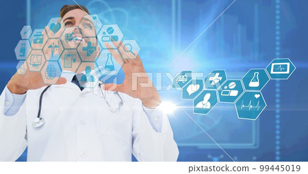 Medical icons against caucasian male doctor holding an invisible object against blue background 99445019