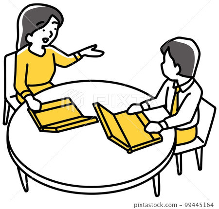 Men and women having a meeting with a computer at hand Men and women having a meeting with a computer at hand 99445164