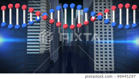 Image of revolving dna strand and light over modern cityscape Image of revolving dna strand and light over modern cityscape 99445297