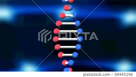 Digital image of dna structure spinning against blue spots of light on black background Digital image of dna structure spinning against blue spots of light on black background 99445298