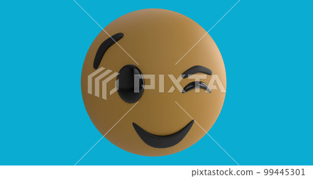 Digital image of winking face emoji against blue background Digital image of winking face emoji against blue background 99445301