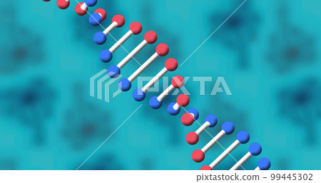 Image of dna strand spinning on blue background Image of dna strand spinning on blue background 99445302