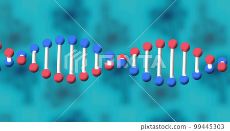 Image of dna strand spinning on blue background Image of dna strand spinning on blue background 99445303