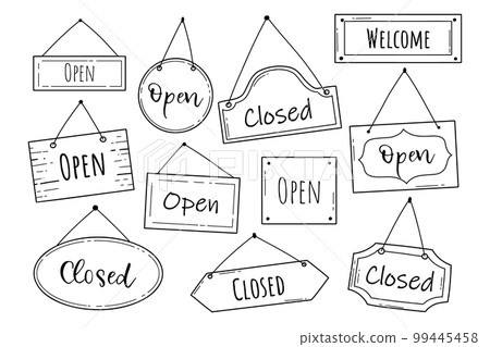 Hand drawn set of open and closed door sign. Doodle sketch style. Shop door or window open label. Vector illustration. Hand drawn set of open and closed door sign. Doodle sketch style. Shop door or window open label. Vector illustration. 99445458