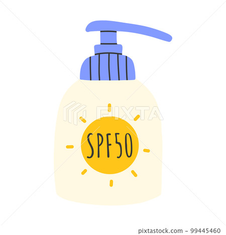 Sunscreen, lotion with SPF. Sunscreen protection and sun safety. Sunscreen, lotion with SPF. Sun protection and sun protection. Sunscreen lotion isolated. hand drawn vector illustration. Flat style. 99445460