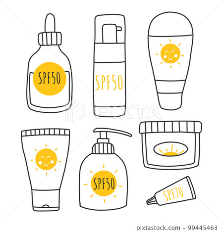 Set of Sunscreens, lotions with SPF. Sunscreen protection and sun safety. Sunscreen, lotion with SPF. Sunscreen lotion isolated. hand drawn vector illustration. Doodle style. Set of Sunscreens, lotions with SPF. Sunscreen protection and sun safety. Sunscreen, lotion with SPF. Sunscreen lotion isolated. hand drawn vector illustration. Doodle style. 99445463