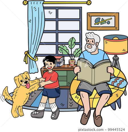 Hand Drawn Elderly reading a book with a dog illustration in doodle style Hand Drawn Elderly reading a book with a dog illustration in doodle style 99445524