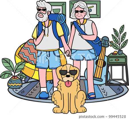 Hand Drawn Elderly traveling with dogs illustration in doodle style Hand Drawn Elderly traveling with dogs illustration in doodle style 99445528
