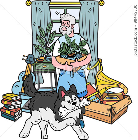 Hand Drawn Elderly cleaning the room with the dog illustration in doodle style 99445530