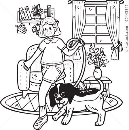 Hand Drawn Elderly with dog leash illustration in doodle style 99445545