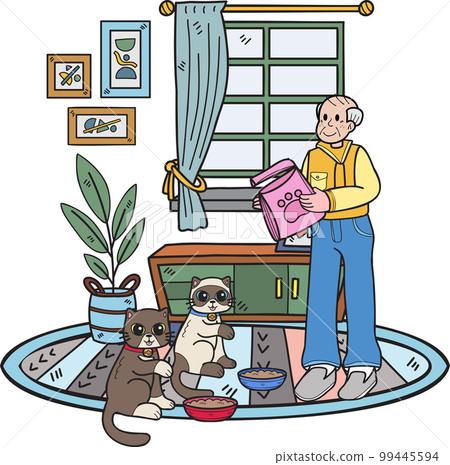 Hand Drawn Elderly feeding the cat illustration in doodle style 99445594