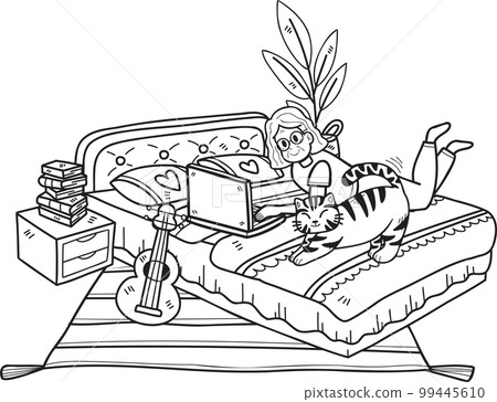 Hand Drawn Elderly working in a room with cats illustration in doodle style Hand Drawn Elderly working in a room with cats illustration in doodle style 99445610