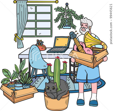 Hand Drawn Elderly Clean the room with the cat illustration in doodle style 99445621