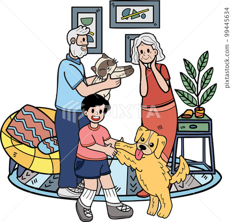 Hand Drawn Elderly play with dogs and cats illustration in doodle style 99445634