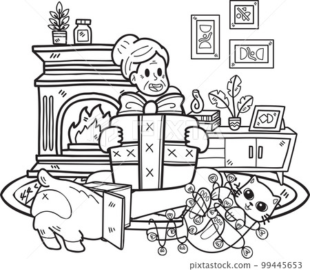 Hand Drawn Elderly with cats and dogs and gift illustration in doodle style 99445653
