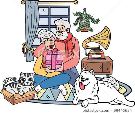 Hand Drawn Elderly with cats and dogs and gift illustration in doodle style 99445654
