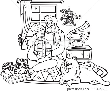 Hand Drawn Elderly with cats and dogs and gift illustration in doodle style 99445655