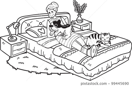 Hand Drawn Elderly hugging dogs and cats illustration in doodle style Hand Drawn Elderly hugging dogs and cats illustration in doodle style 99445690