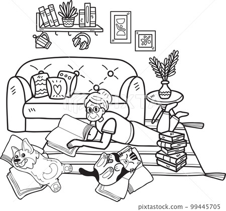Hand Drawn Elderly reading books with dogs and cats illustration in doodle style Hand Drawn Elderly reading books with dogs and cats illustration in doodle style 99445705
