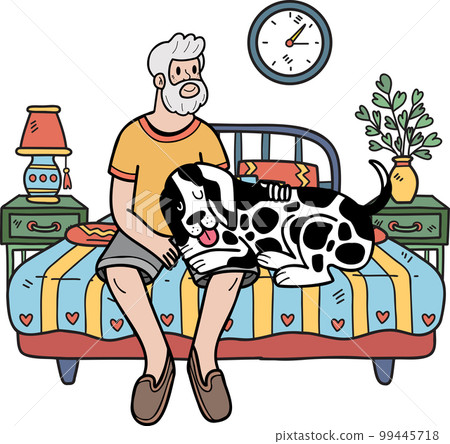 Hand Drawn Elderly man sitting with Dalmatian Dog illustration in doodle style 99445718