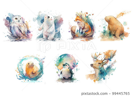 Snowy owl, reindeer, polar bear, fox, penguin, walrus seal, hare in watercolor style. Isolated vector illustration 99445765