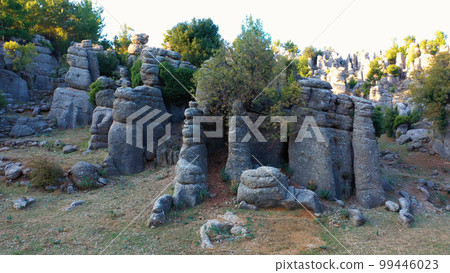 Geological landscape with beautiful rock formations and evergreen trees. Antalya, ancient city of Selge, Adam Kayalar, Turkey. 99446023