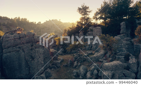 Rock formations and pine trees under morning sunshine on a summer day. Scenic nature background. Rock formations and pine trees under morning sunshine on a summer day. Scenic nature background. 99446040