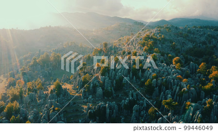 Spectacular aerial view of amazing rock formations with evergreen trees. Majestic mountain nature landscape. Spectacular aerial view of amazing rock formations with evergreen trees. Majestic mountain nature landscape. 99446049