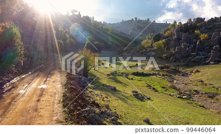 Aerial view to countryside mountain valley on a sunny summer day. Sunny mountain rural valley from above. Aerial view to countryside mountain valley on a sunny summer day. Sunny mountain rural valley from above. 99446064