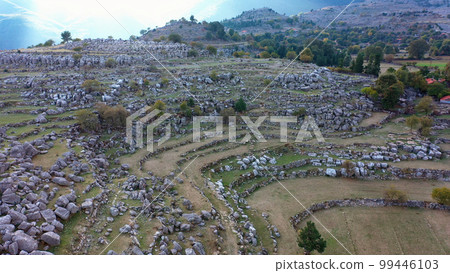 Aerial view of picturesque mountain valley with rock formations. National Park at Manavgat, Antalya. Aerial view of picturesque mountain valley with rock formations. National Park at Manavgat, Antalya. 99446103