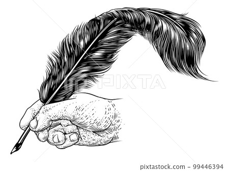 Quill Feather Ink Pen Hand Vintage Woodcut Print 99446394