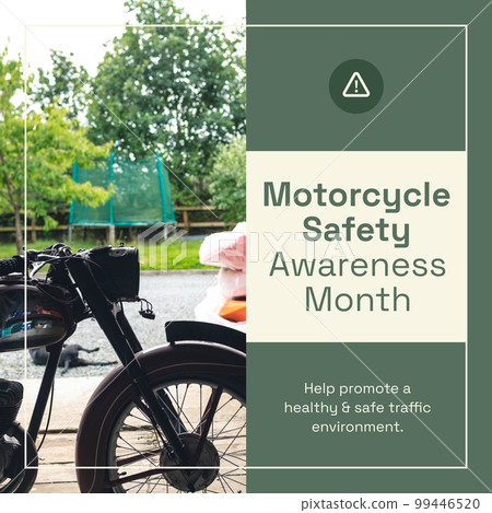 Composition of motorcycle safety awareness month text with motorcycle on green background 99446520