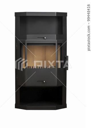 Modern fireplaces for heating from metal and heat-resistant glass. Boiler for solid fuel isolated on white background. Modern fireplaces for heating from metal and heat-resistant glass. Boiler for solid fuel isolated on white background. 99448416