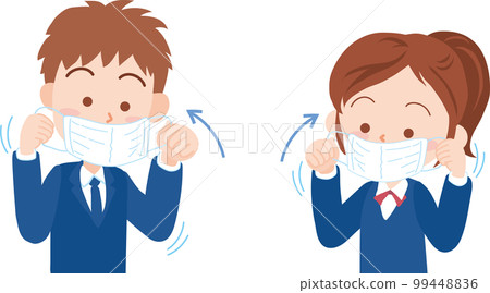 Put on a mask _ male and female students _ with arrow 99448836