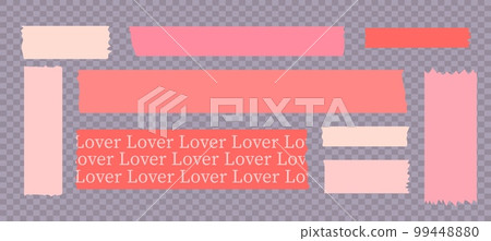 Washi tapes. Semi-transparent pieces of ribbons. Pink, warm colors of pieces of washi tape with torn edges. Set of adhesive scrapbooking ribbons isolated on a transparent background. 99448880