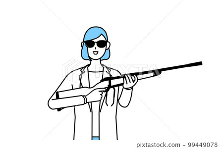 A female doctor in a white coat wearing sunglasses and holding a rifle 99449078