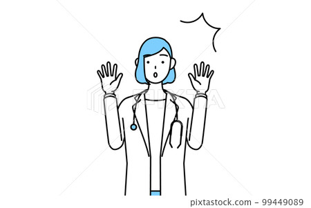 A female doctor wearing a white coat raising her hand in surprise 99449089