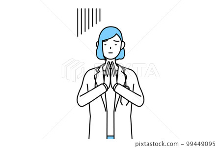 A female doctor in a white coat who puts her hands together in front of her body and apologizes A female doctor in a white coat who puts her hands together in front of her body and apologizes 99449095