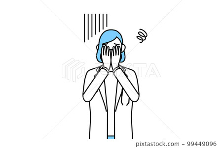 A female doctor wearing a white coat covering her face with depression 99449096