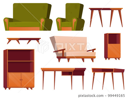 Furniture items in cartoon style. Collection of wooden wardrobe, chair, table, desk and armchair vector illustration isolated on white 99449165