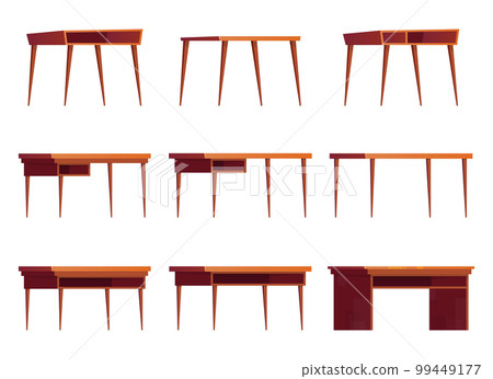 Office wooden desks for work. Collection of cartoon wooden tables, vector illustration isolated on white Office wooden desks for work. Collection of cartoon wooden tables, vector illustration isolated on white 99449177